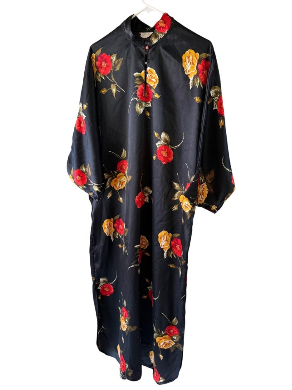 Barbizon Womens Floral Side Slits Dolman Sleeve Satin Robe Size Small Vintage